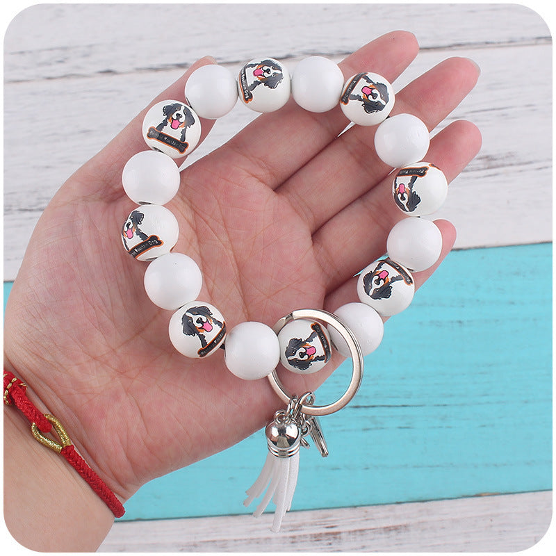 Wooden Dog Tassel Silicone Bead Wristlet Keychain with Charm 4