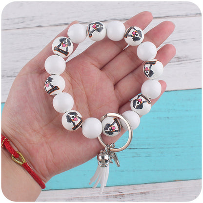Wooden Dog Tassel Silicone Bead Wristlet Keychain with Charm 4