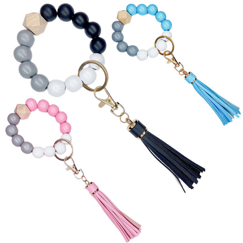 Wooden Bead Silicone Bead Wristlet Keychain with PU Leather Tassel 2