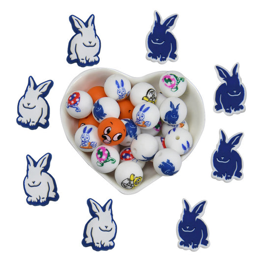 20pcs 15mm Easter Silicone Beads Bunny Egg Chicken Printed Design
