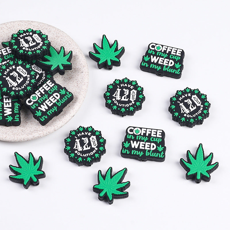 20Pcs Silicone Focal Beads Green Leaves Leaf Design