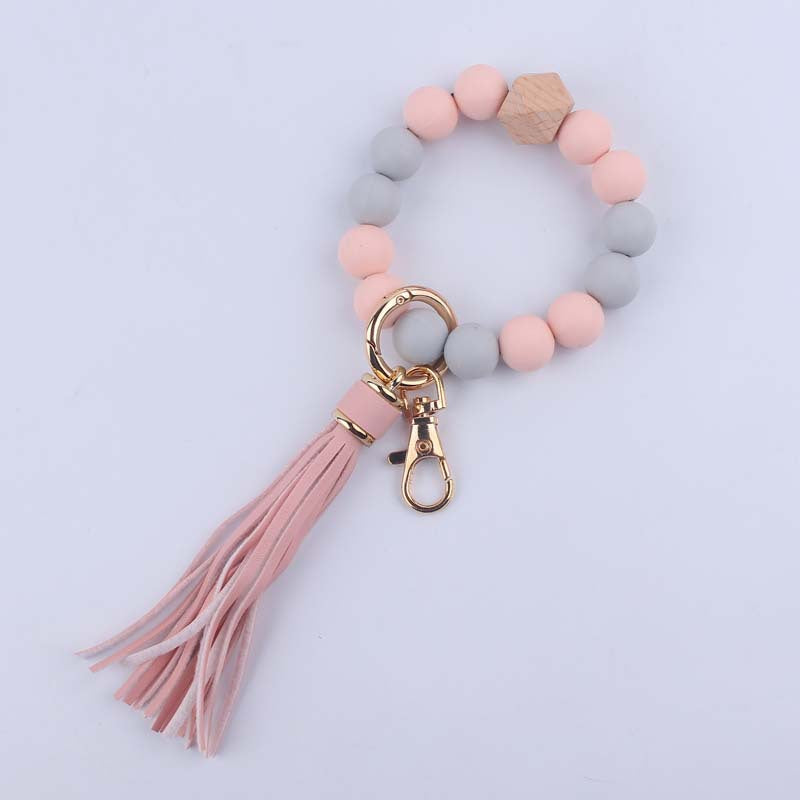 Leather Tassel Octagonal Silicone Bead Wristlet Keychain 6