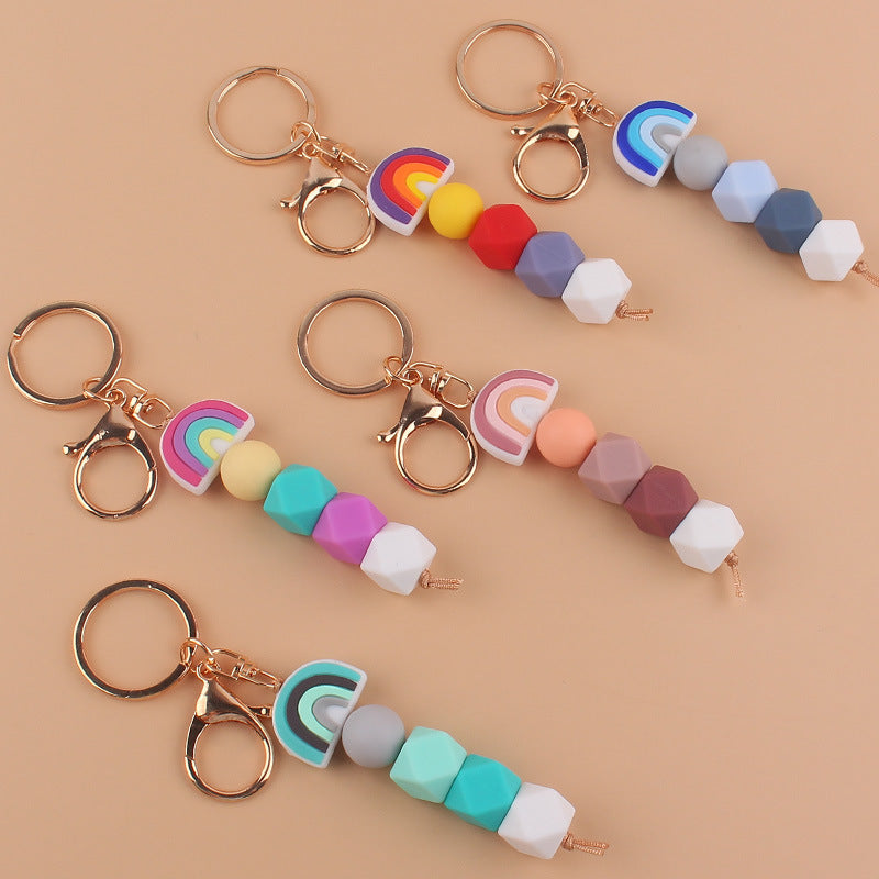 Rainbow Silicone Bead Keychain Geometric Charm 14cm