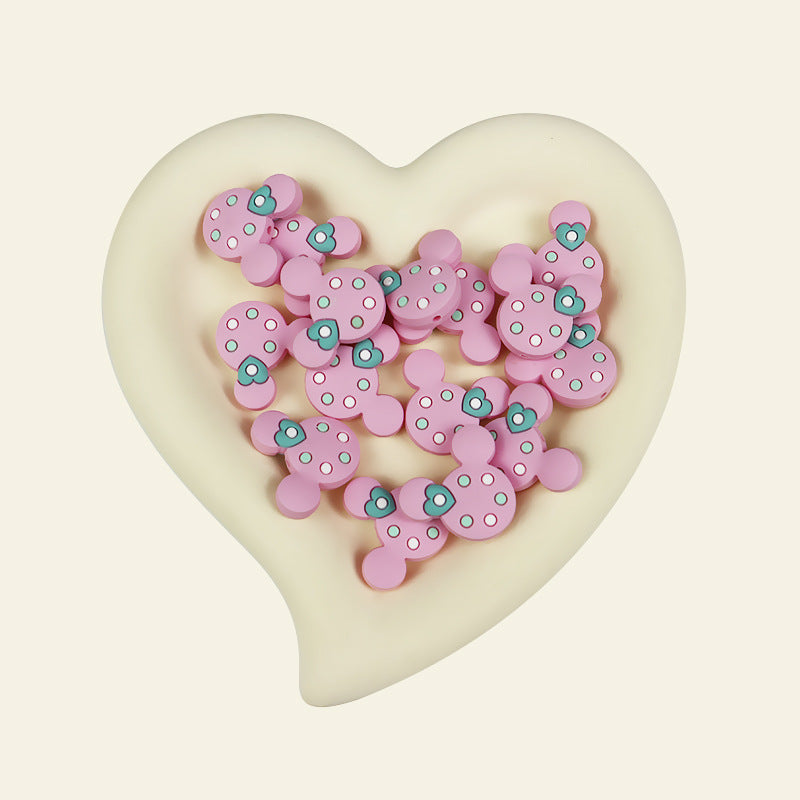 Silicone Focal Beads Round Ear Mouse Character with Polka Dot Detail 7