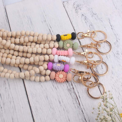 Daisy Silicone Bead Wristlet Keychain with Wooden Beads 2