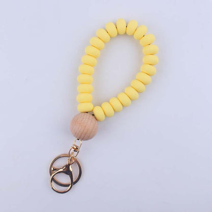 Flat Silicone Bead Wristlet Keychain with Wooden Accent 10