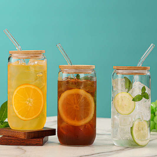 16oz Glass Cups Tumbler with Bamboo Lids and Straws