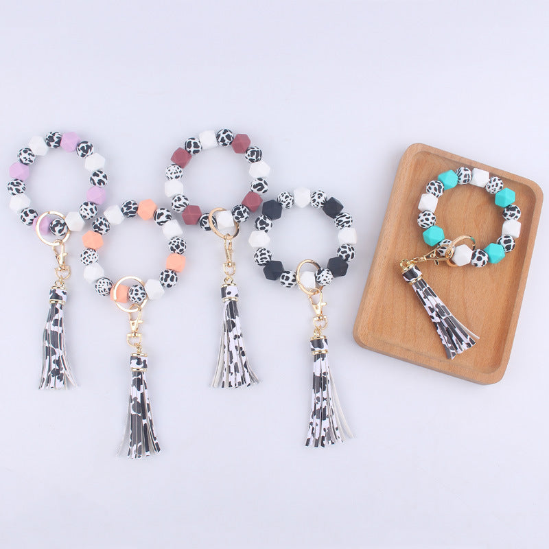 Leopard Print Silicone Bead Wristlet Keychain Tassel Charm