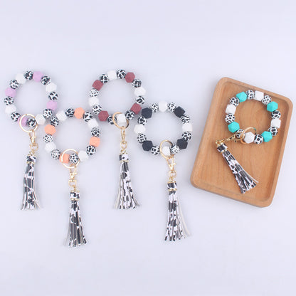 Leopard Print Silicone Bead Wristlet Keychain Tassel Charm