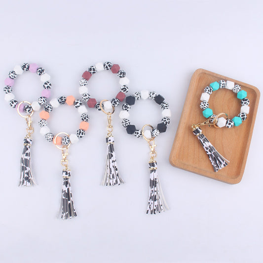 Leopard Print Silicone Bead Wristlet Keychain Tassel Charm