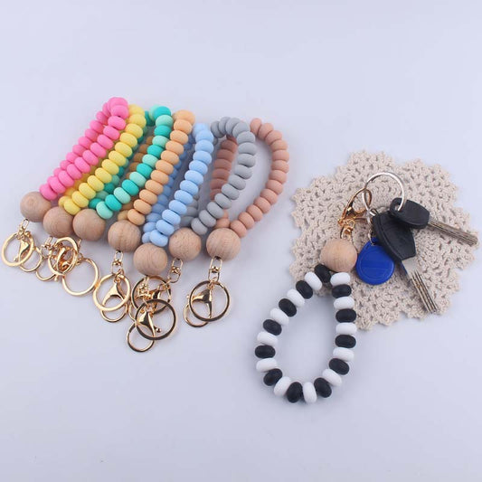 Flat Silicone Bead Wristlet Keychain with Wooden Accent