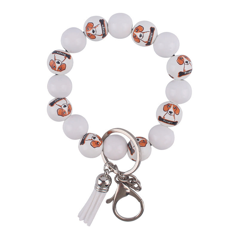 Wooden Dog Tassel Silicone Bead Wristlet Keychain with Charm 9
