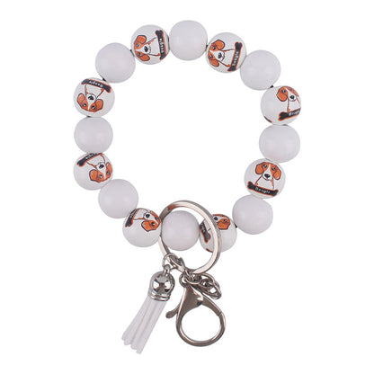 Wooden Dog Tassel Silicone Bead Wristlet Keychain with Charm 9