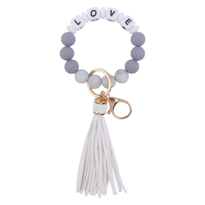 Letter LOVE Silicone Bead Wristlet Keychain PU Leather Tassel 7