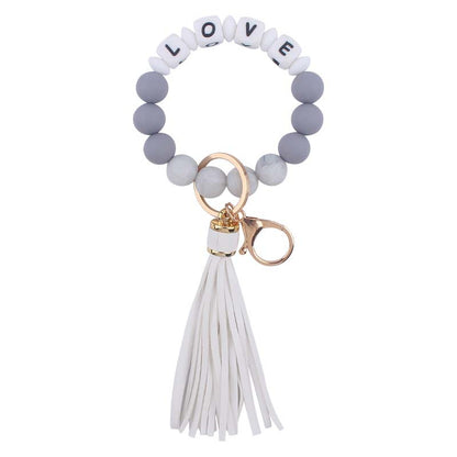 Letter LOVE Silicone Bead Wristlet Keychain PU Leather Tassel 7