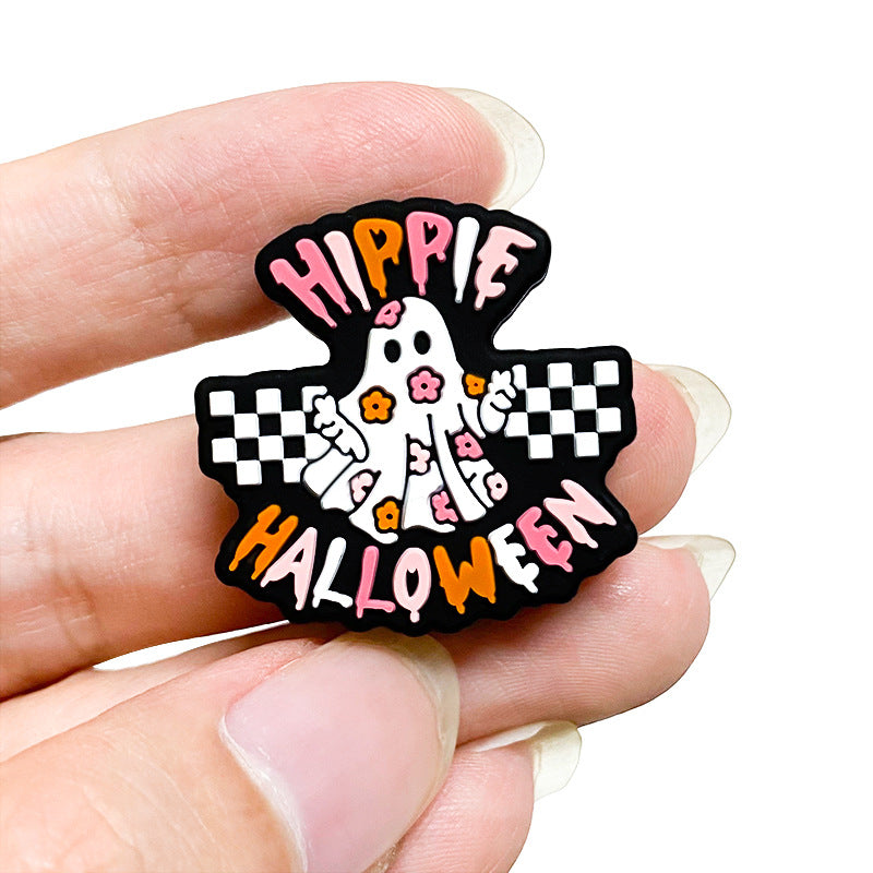 20Pcs Silicone Focal Beads Halloween Ghost with Checkerboard and Flower Detail 5