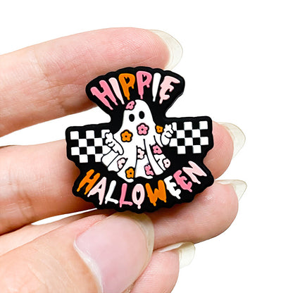 20Pcs Silicone Focal Beads Halloween Ghost with Checkerboard and Flower Detail 5