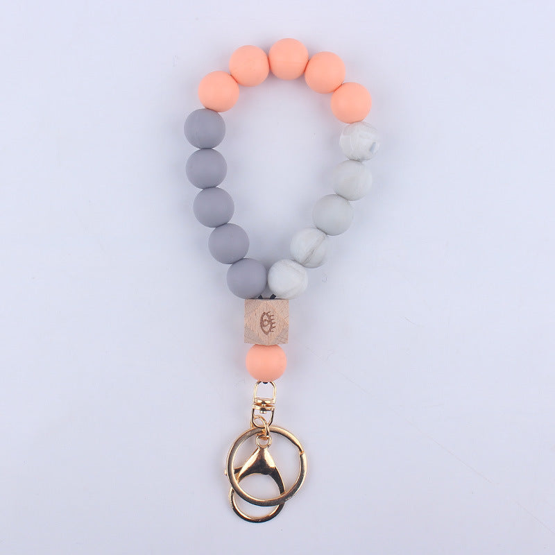 Octagonal Silicone Bead Wristlet Keychain with Wooden Accent 13