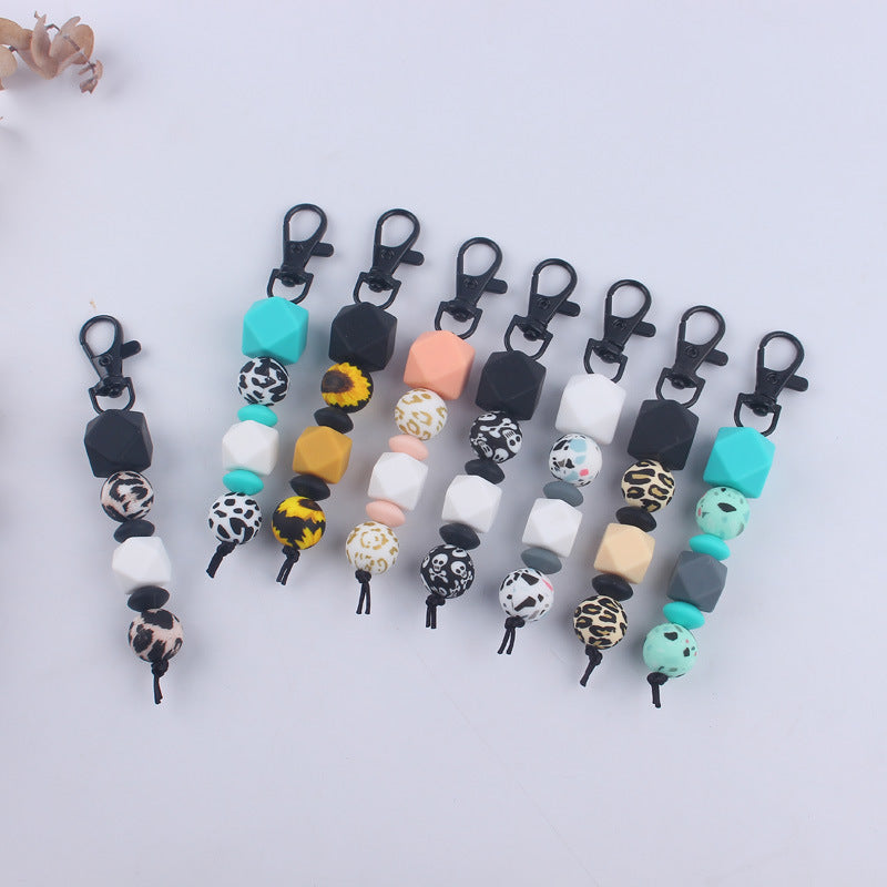 Leopard Print Silicone Bead Keychain with Geometric Beads Charm