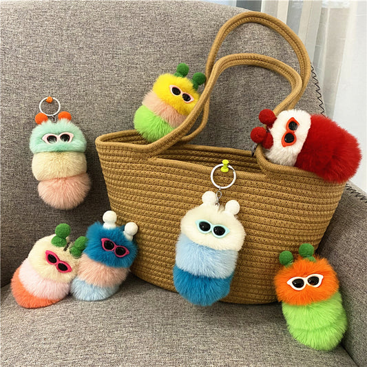 Caterpillar Pom Pom Plush Keychain Cute Furry Charm Accessory
