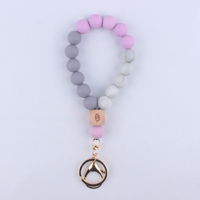 Octagonal Silicone Bead Wristlet Keychain with Wooden Accent 11