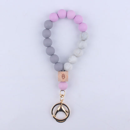 Octagonal Silicone Bead Wristlet Keychain with Wooden Accent 11