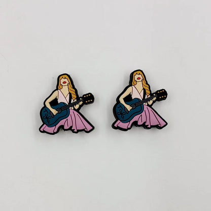 20pcs Silicone Focal Beads Female Musician with Guitar and Red Hat Design 9