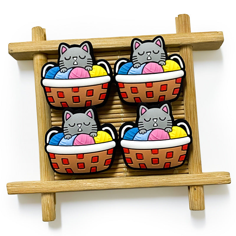 20Pcs Silicone Focal Beads Lazy Gray Kitten Sleeping in Basket 3