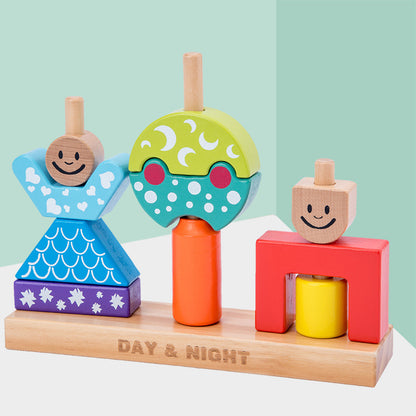 Wooden Building Blocks Day and Night Educational Toy 2