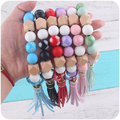 Daisy Silicone Bead Wristlet Keychain Tassel Charm 3