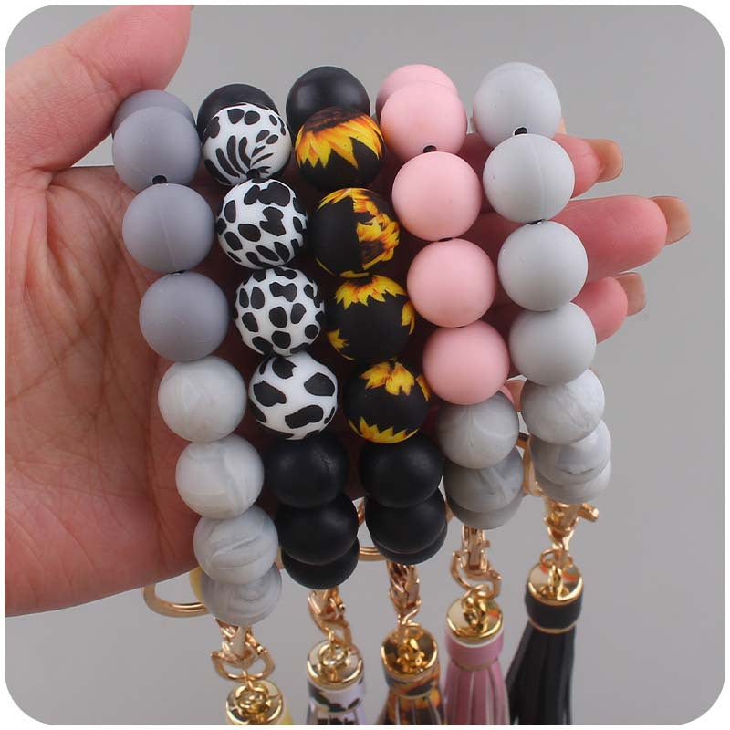 PU Tassel Silicone Bead Wristlet Keychain with Wooden Bead 3