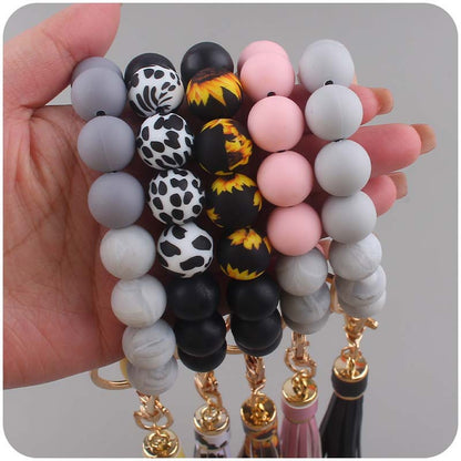 PU Tassel Silicone Bead Wristlet Keychain with Wooden Bead 3