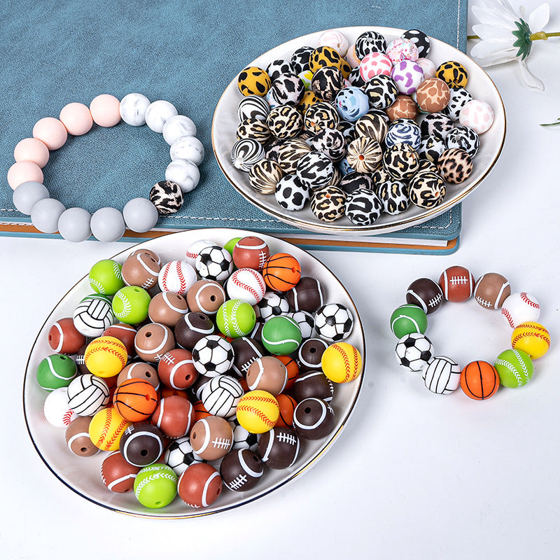 20pcs 15mm Printed Football Silicone Beads Sports Ball Design 4