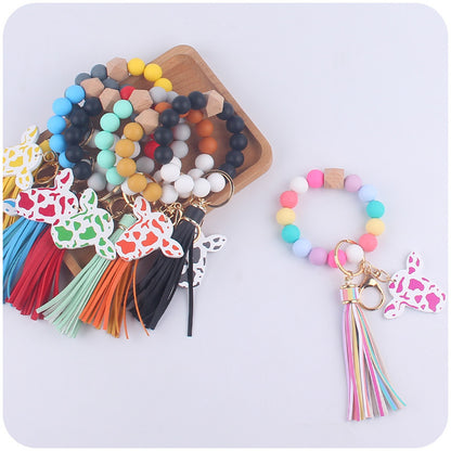 Western Cow Silicone Bead Wristlet Keychain PU Leather Tassel 3