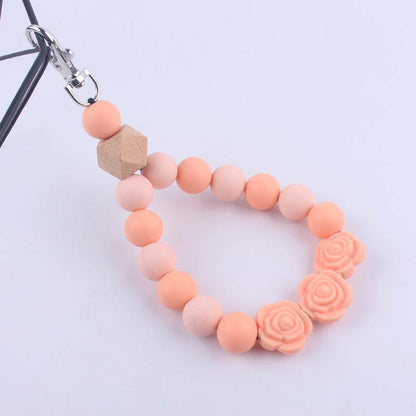 Rose Silicone Bead Wristlet Keychain with Wooden Accent Bead 7