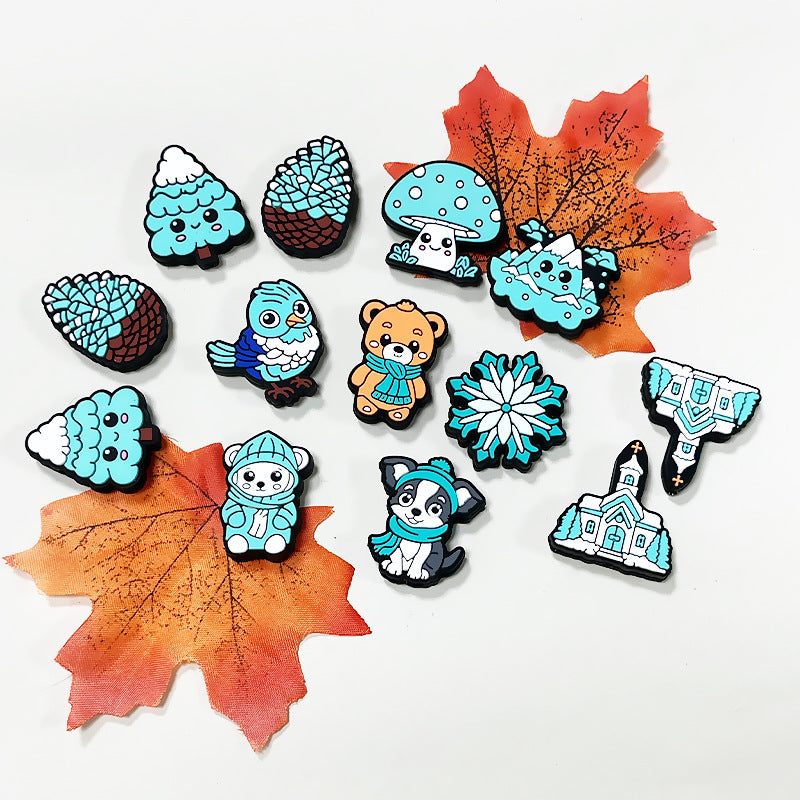 Silicone Focal Beads Winter Blue Tree Pinecone Animal Flower Design