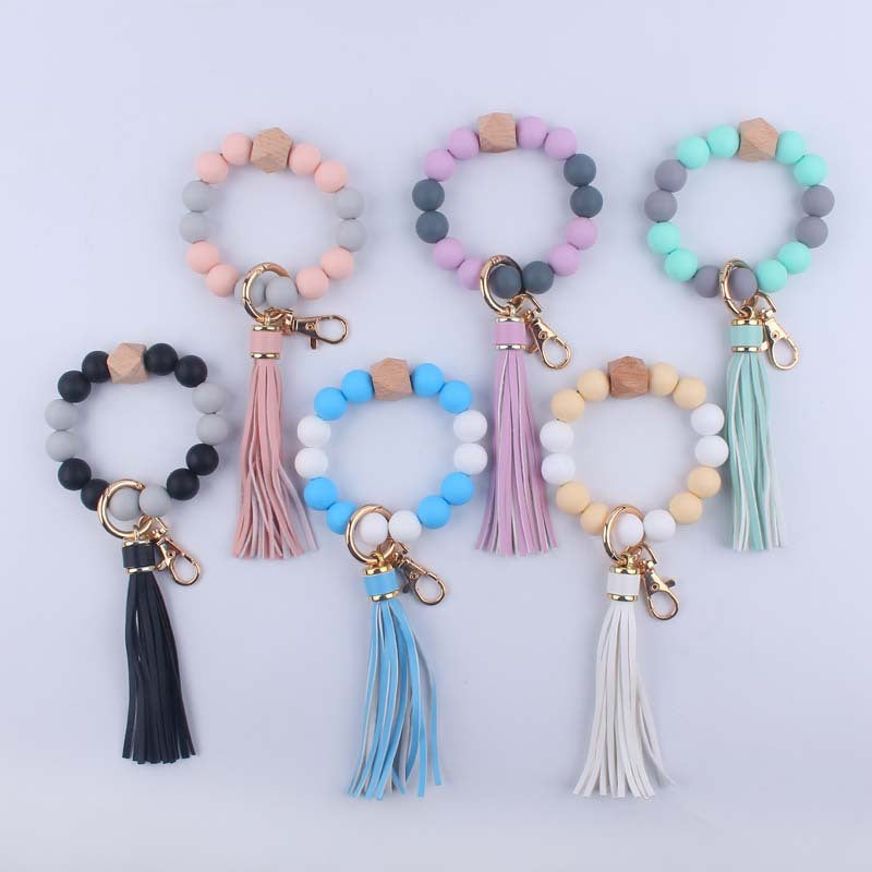 Leather Tassel Octagonal Silicone Bead Wristlet Keychain 2