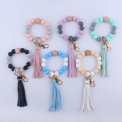 Leather Tassel Octagonal Silicone Bead Wristlet Keychain 2