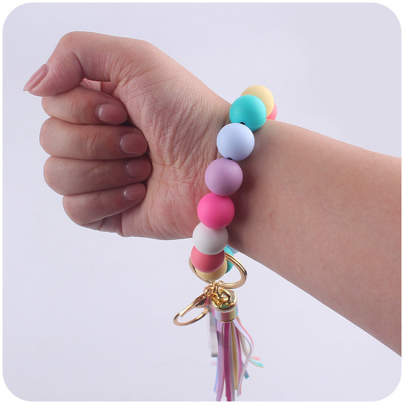 Western Cow Silicone Bead Wristlet Keychain PU Leather Tassel 4