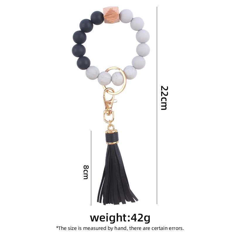 PU Tassel Silicone Bead Wristlet Keychain with Wooden Bead 5