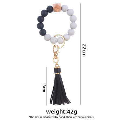 PU Tassel Silicone Bead Wristlet Keychain with Wooden Bead 5