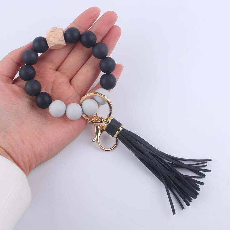 Leather PU Tassel Silicone Bead Wristlet Keychain 3