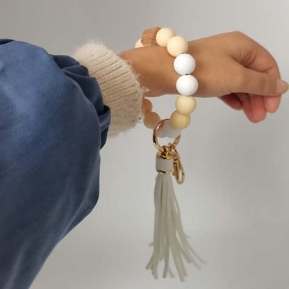 Leather Tassel Octagonal Silicone Bead Wristlet Keychain 4