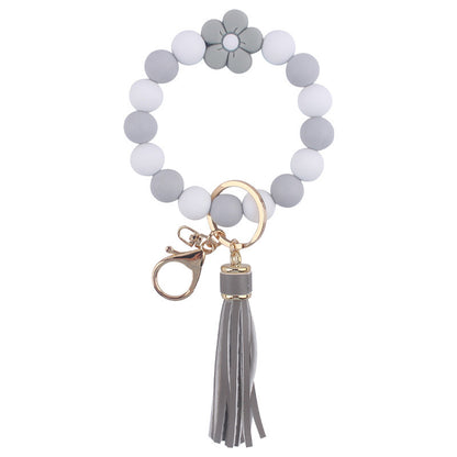 Flower Silicone Bead Wristlet Keychain with PU Leather Tassel 15