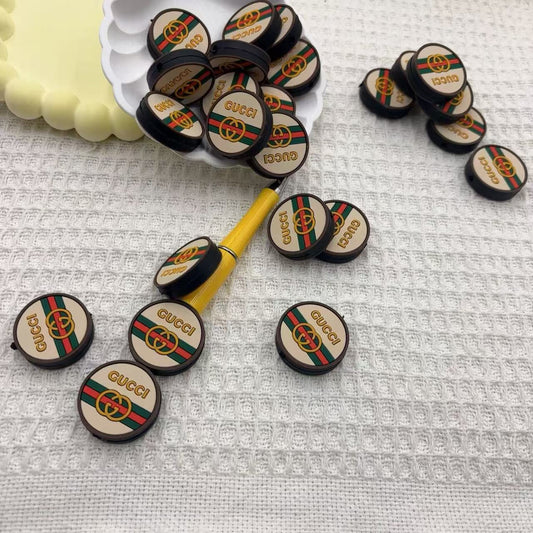 20Pcs Silicone Focal Beads Round Card Brown Green Red Stripe Design