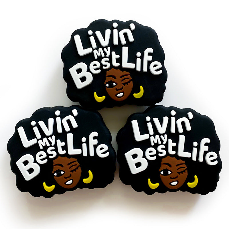 20pcs Silicone Focal Beads Black Girl Winking Face with White Text