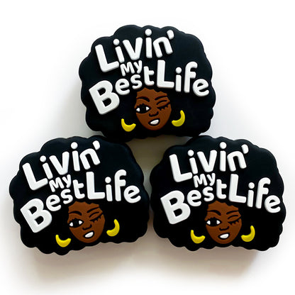 20pcs Silicone Focal Beads Black Girl Winking Face with White Text