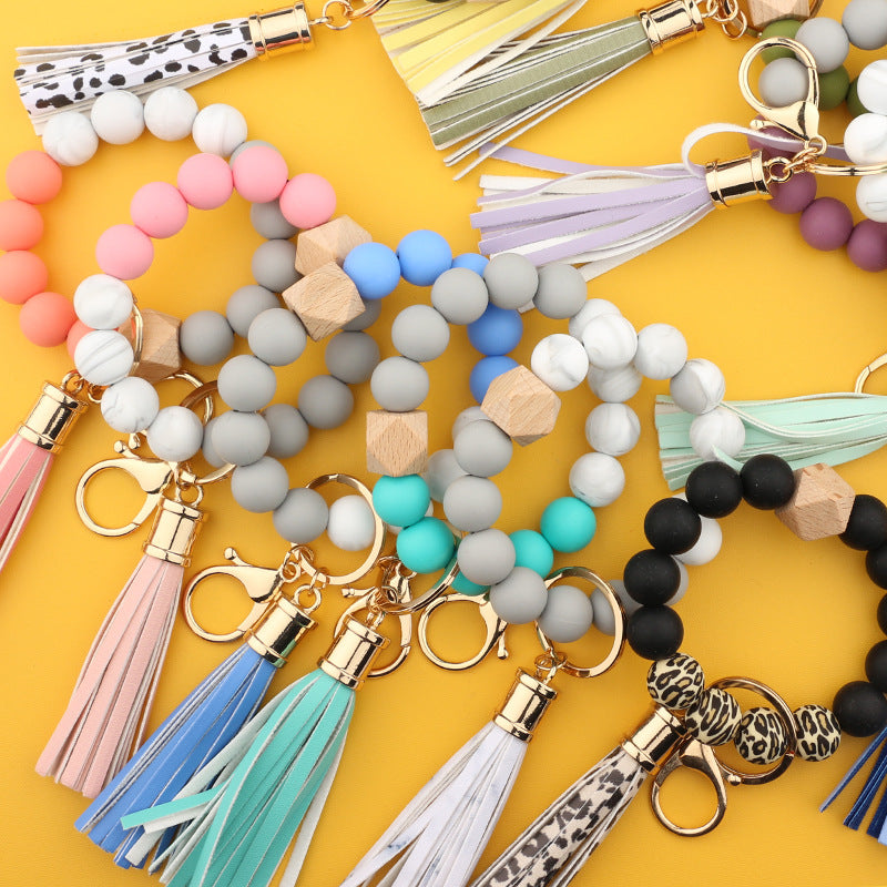 Silicone Bead Wristlet Keychain with Wooden Hexagon Bead Tassel 3