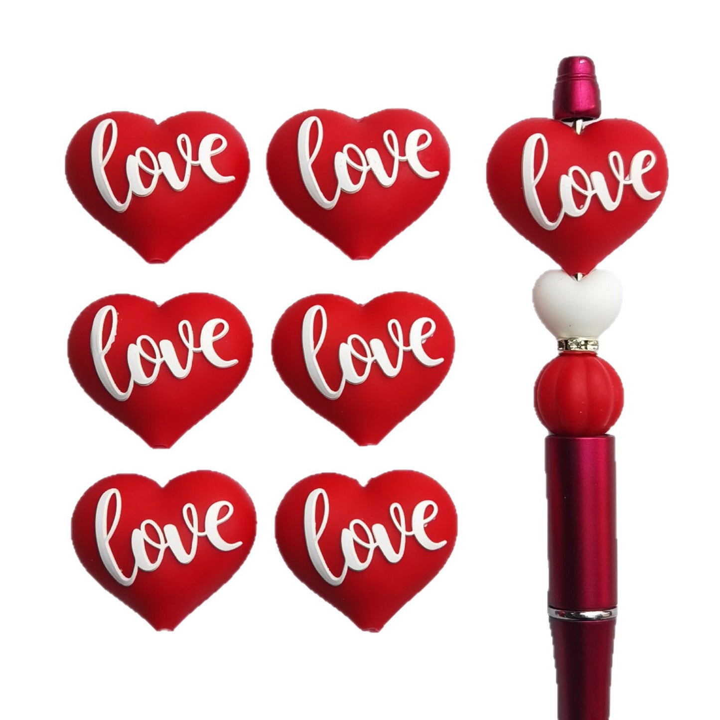 20Pcs Silicone 3D Focal Beads Valentine'S Day Red Love Front Facing