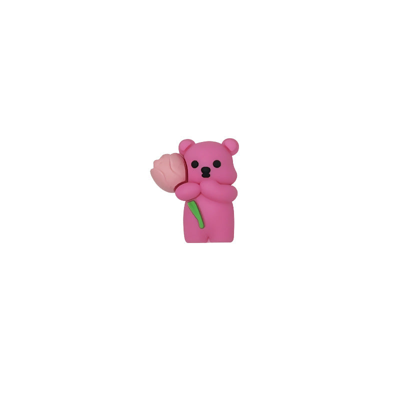 20Pcs Silicone 3D Focal Beads Colored Teddy Bear Holding Flower 12